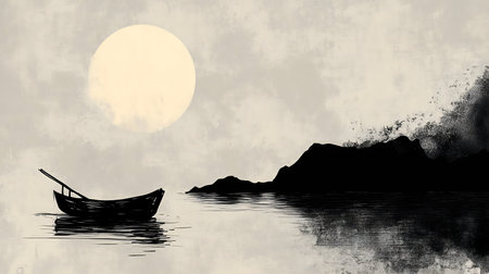 A solitary boat floats on a tranquil lake under a large moon, mountains silhouetted against the pale sky.の写真素材
