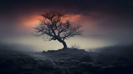 A solitary tree stands in a misty landscape during a dramatic sunset. The scene is dark, mysterious, and serene.の写真素材