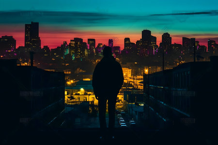 A lone figure silhouetted against a stunning sunset cityscape. The vibrant colors of the city are a...