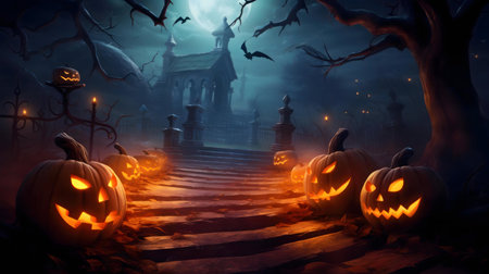 Jack-o'-lanterns light a spooky path leading to a haunted cemetery under a full moon. Halloween scene.の写真素材