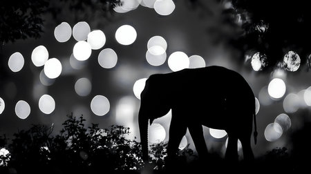 Silhouette of an elephant at night, bokeh lights in backgroundの写真素材