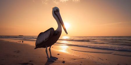 A pelican stands majestically on a beach during a vibrant sunset.の写真素材
