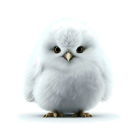 Close-up image of a fluffy white baby owl. Adorable and captivating.の写真素材
