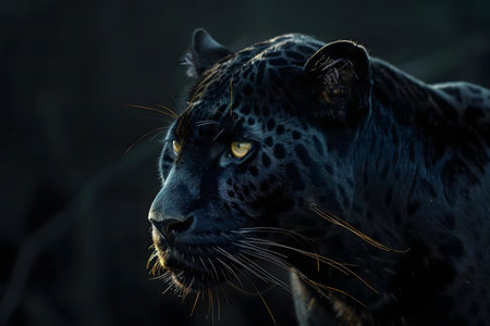 Close-up portrait of a black jaguar. Dark, intense, and majestic.の写真素材