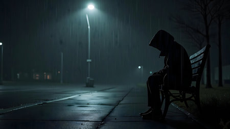 A lone figure sits on a bench during a heavy downpour, enveloped in shadows and solitude.