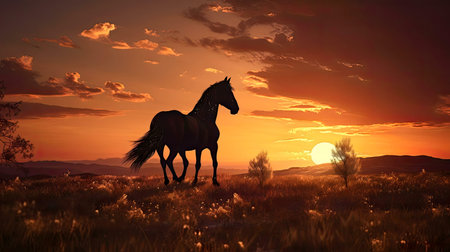 A lone black horse stands silhouetted against a vibrant sunset, a breathtaking scene of nature's beauty.の写真素材