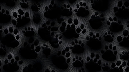 Black paw prints on dark gray fur texture. Abstract backgroundの写真素材