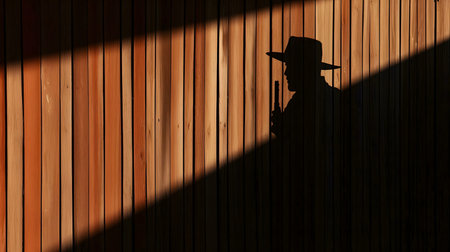 Silhouette of a man in a hat cast against a wooden wall, creating a mysterious and dramatic effect.の写真素材
