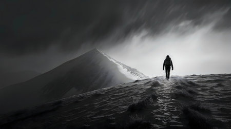 A lone hiker ascends a snow-capped mountain under a dramatic sky.の写真素材