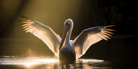 A white pelican spreads its wings in the golden light of sunrise.の写真素材