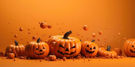 A festive Halloween scene with carved pumpkinsの写真素材