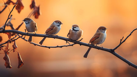 Four birds at sunset on a branchの写真素材