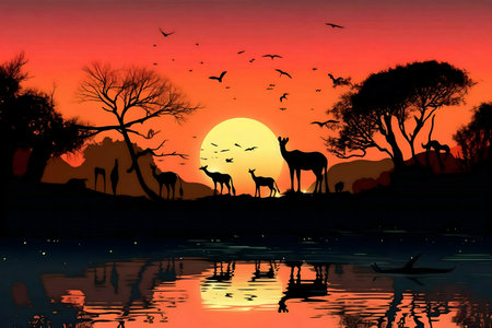 African wildlife silhouettes at sunset, reflected in a tranquil lake. A peaceful scene.