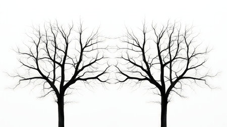 Two leafless trees in winter, a black and white silhouette against a bright background.の写真素材