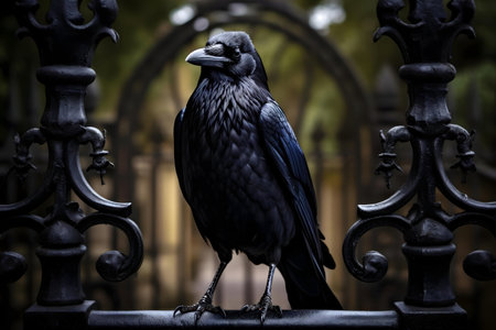 A striking image of a raven perched on a dark, ornate fence. The bird's black feathers and intense gaze create a mysterious atmosphere.の写真素材