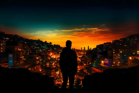 A person silhouetted against a stunning sunset over a brightly lit city. The vibrant colors and captivating cityscape create a breathtaking panorama.の写真素材