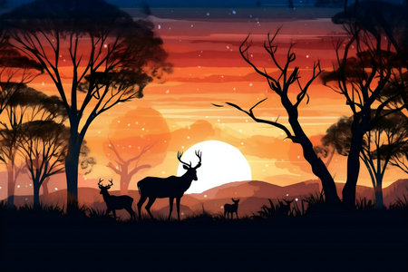 Silhouetted deer against a vibrant sunset over the African savanna.の写真素材
