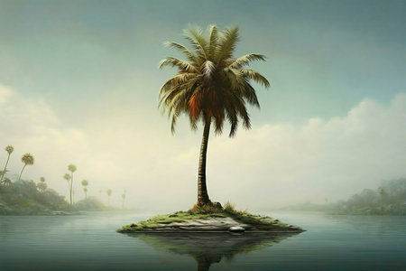 A single palm tree stands on a small island in a tranquil lake. Peaceful and serene atmosphere.の写真素材