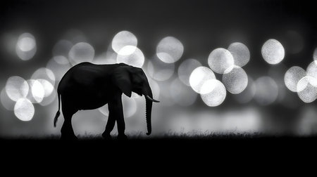 A majestic elephant silhouette against a bokeh background at night.の写真素材