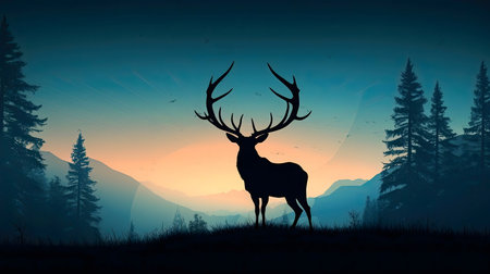 A majestic stag silhouetted against a vibrant sunset, set against a backdrop of towering mountains and a tranquil forest.の写真素材