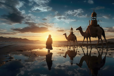 A woman silhouetted against a vibrant sunset, watching camels walk on a reflective beach. Peaceful...