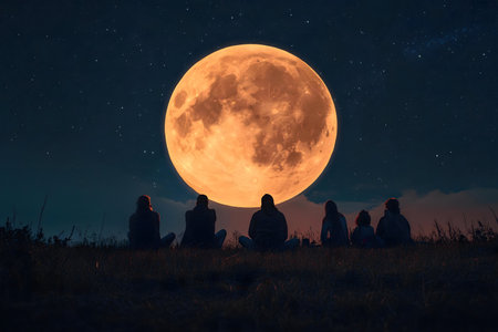 Silhouetted figures marvel at a colossal, orange moon dominating the night sky.の写真素材