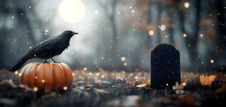 A black raven perched on a pumpkin near an old tombstone. Halloween atmosphere.の写真素材