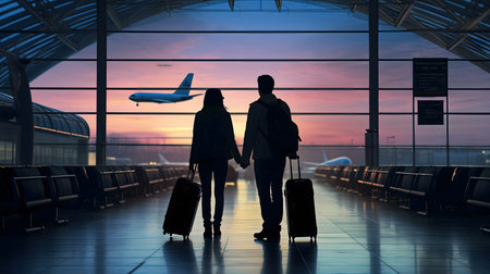 Silhouetted couple holding hands, luggage in tow, at airport watching sunset and airplaneの写真素材