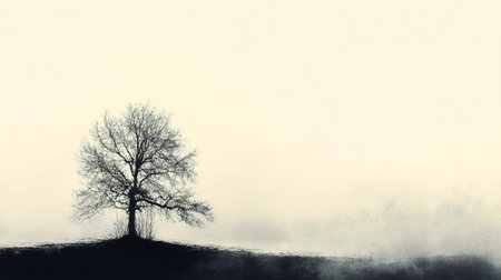 A lone tree stands in a misty field, serene and quiet. Black and white photography.の写真素材