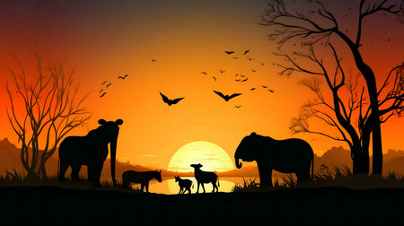 Silhouetted elephants, zebra, and lambs by a tranquil lake during a vibrant African sunset.の写真素材