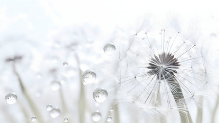 Macro shot of a dandelion with water droplets, serene and delicate.の写真素材
