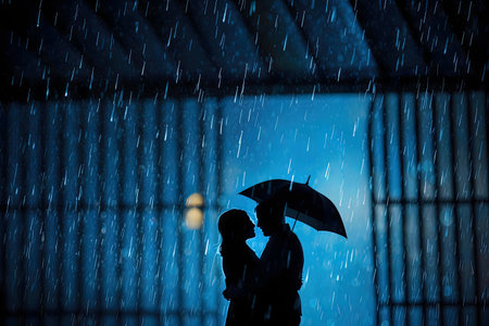 Silhouette of a loving couple sharing a tender moment under an umbrella during a romantic rainy night.の写真素材
