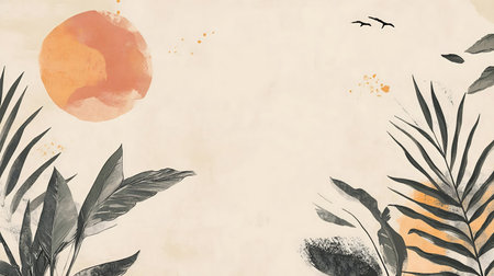A serene sunset illustration featuring minimalist tropical leaves. Perfect for decor.の写真素材