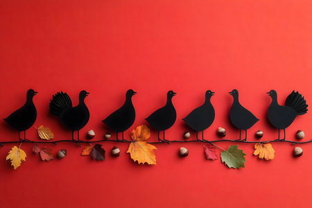 Black paper birds on a branch with autumn leaves and acorns against a red background.の写真素材