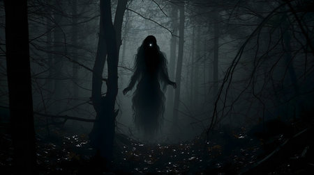 A spectral figure in a dark, foggy forest. Horror and mystery.の写真素材
