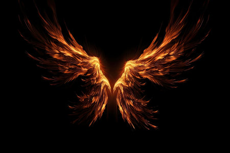 Image of fiery wings against a black background. Digital art.の写真素材