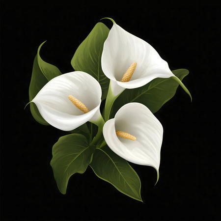 Three pristine white calla lilies, meticulously detailed, stand out against a stark black backdrop.の写真素材