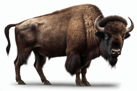 A stunning image of a European bison, showing its massive size and impressive horns against a plain...