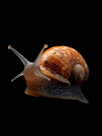 Close-up shot of a snail on a black backgroundの写真素材