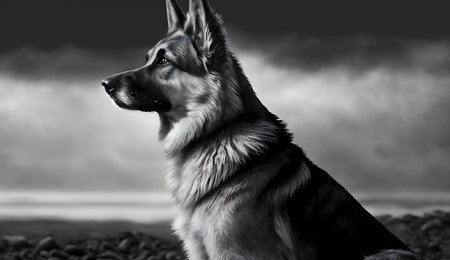A stunning monochrome portrait of a German Shepherd dog, gazing intently into the distance against a...