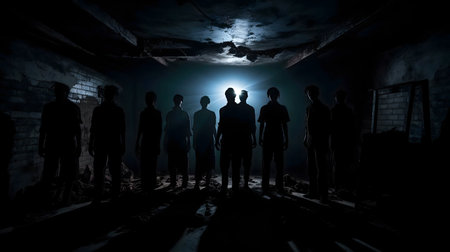 Silhouetted figures stand in a dark, derelict basement. Mystery and suspense fill the scene.