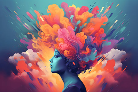 Digital art portrait of a woman with colorful, abstract hair.の写真素材