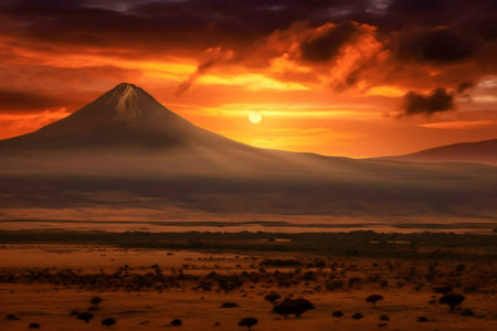 Fiery sunset over a majestic mountain in the African savanna.の写真素材