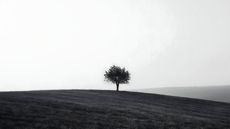A lone tree stands on a gently sloping hill under a vast, pale sky. Black and white photo.の写真素材