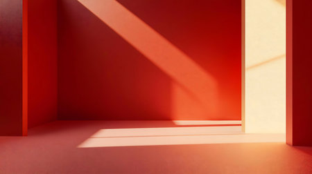 Sunlight streams into a minimalist red room.の写真素材
