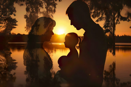 Silhouette of a family at sunset, by a tranquil lake. Symbolizing love and family bonds.の写真素材