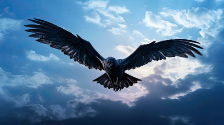 A powerful raven in flight against a dramatic cloudy sky. The bird's silhouette stands out against the blue and dark tonesの写真素材
