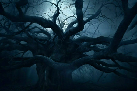 A large, ominous tree dominates a dark, foggy forest. Its branches twist and reach in all directions.の写真素材