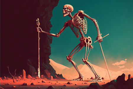 A large skeleton walks through a barren desert, carrying a staff and sword.の写真素材