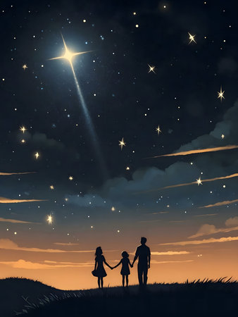 A family stands silhouetted against a breathtaking starry night sky, a shooting star streaking across the heavens.の写真素材